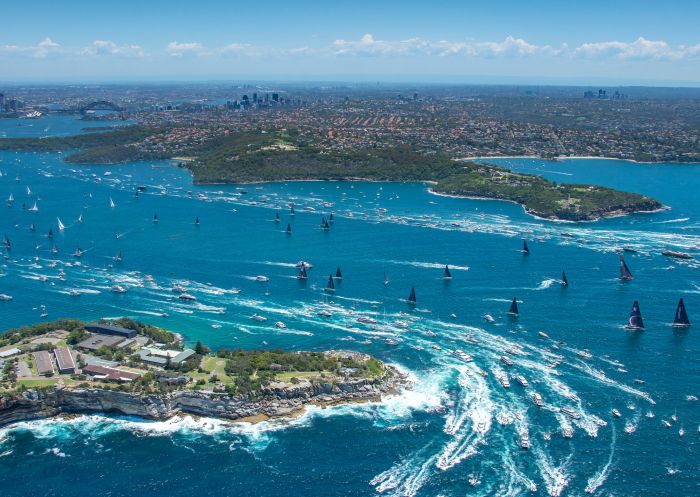 Aerial overlooking the start of the 2018 Sydney to Hobart Yacht Race, Sydney Harbour