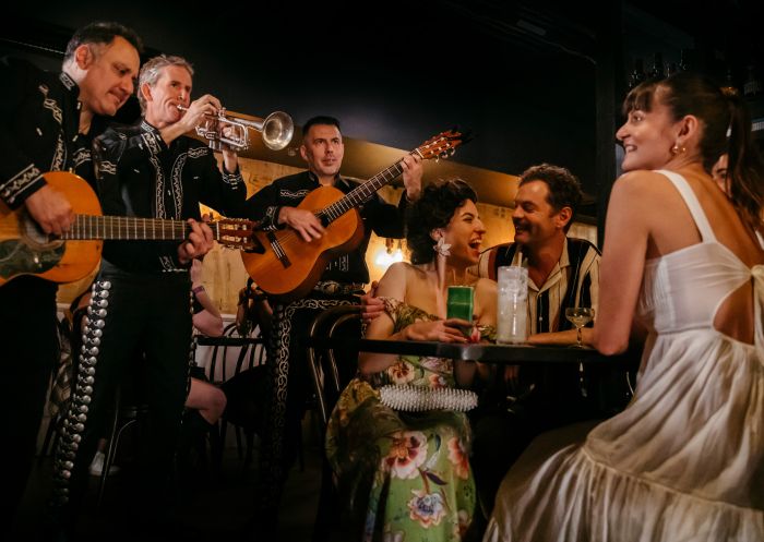 Guests enjoying cocktails and entertainment, Stitch Bar Buenas Noches Long Lunch event, Sydney CBD