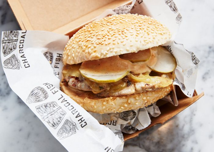Yellowfin Tuna Cheeseburger at Charcoal Fish, Rose Bay 