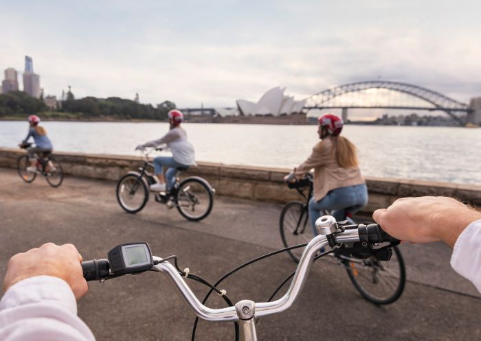 Family enjoying a ride on their hired bicycles from Bonza Bike Tours, Royal Botanic Garden