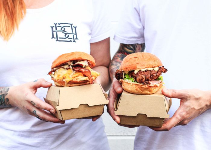 Selection of burgers at Bar Luca, Sydney CBD