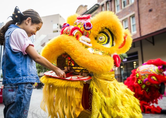 Young girl places a red packet in mouth of the dragon for Lunar New Year, Chinatown