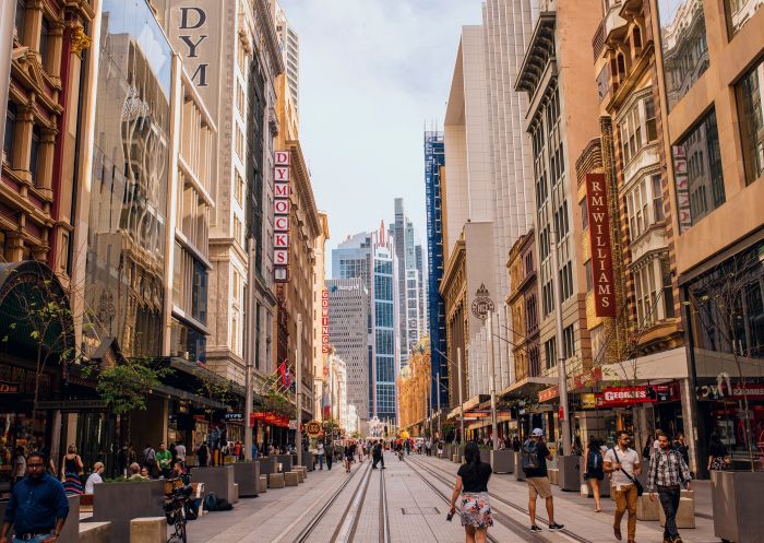 Tramlines running down George Street, Sydney CBD 