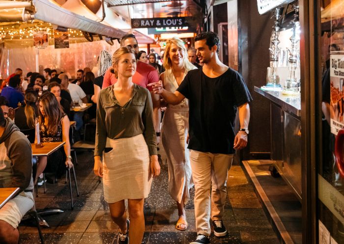 People dining at restaurants along Eat Street dining precinct, Parramatta