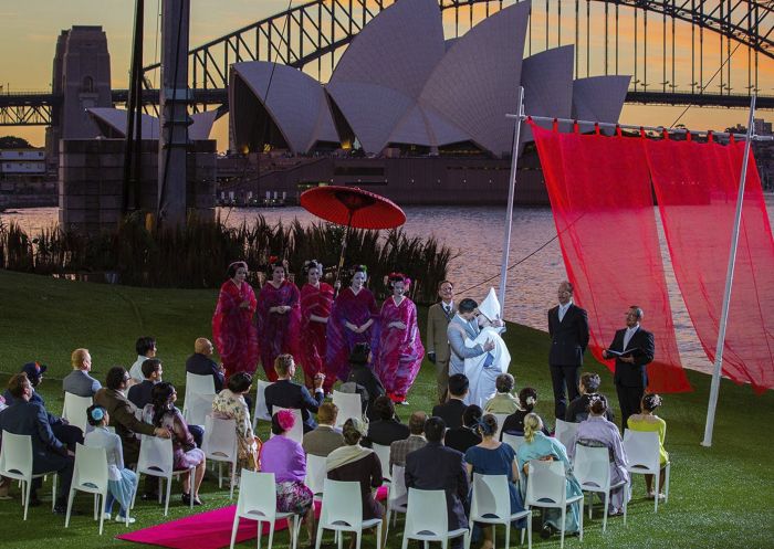 Audience watching performance of Madama Butterfly on Sydney Harbour, Mrs Macquaries Point