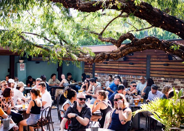 Crowd enjoying the Warren View Hotel beer garden, Enmore