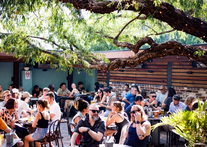 Crowd enjoying the Warren View Hotel beer garden, Enmore