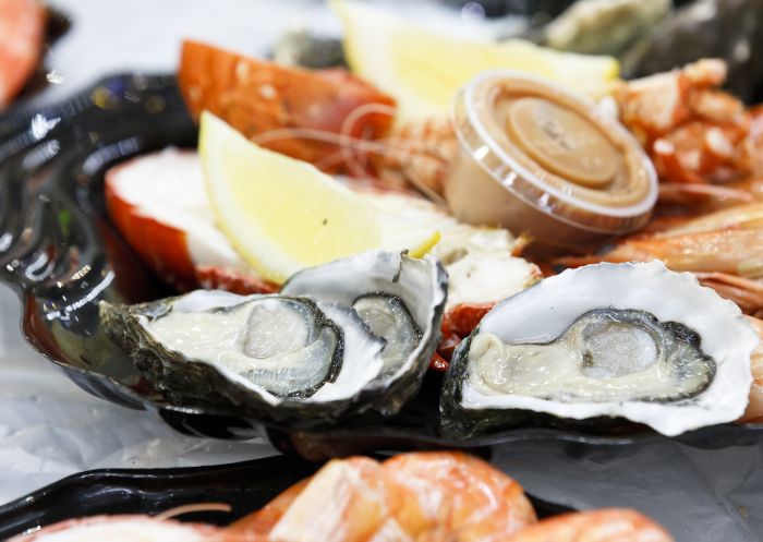 Selection of oysters and prawns at Sydney Fish Markets, Pyrmont