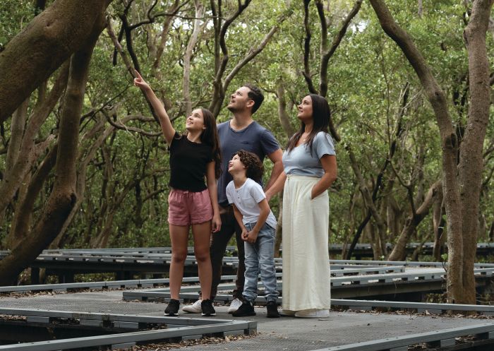 Family walking at Badu Mangroves in Sydney Olympic Park, Sydney West