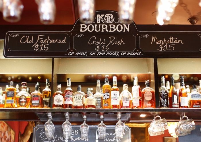 Shelf of bourbon at the Keg and Brew, Surry Hills