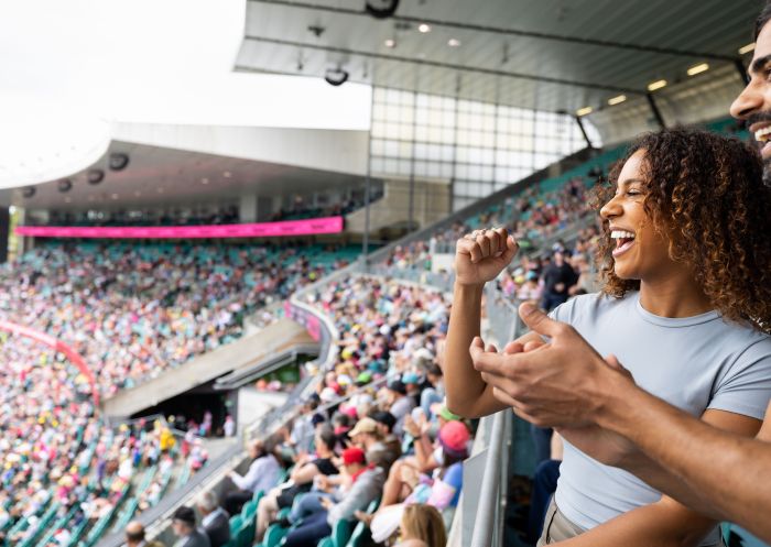 Fans cheering at the game at Sydney Cricket Ground, Moore Park