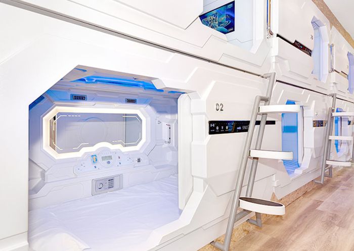 View of capsule accommodation at Space Q Capsule Hotel, Sydney CBD