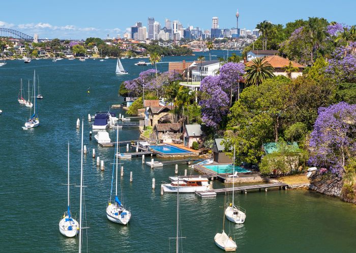 View from Hunters Hill of jacarandas in spring bloom, Sydney