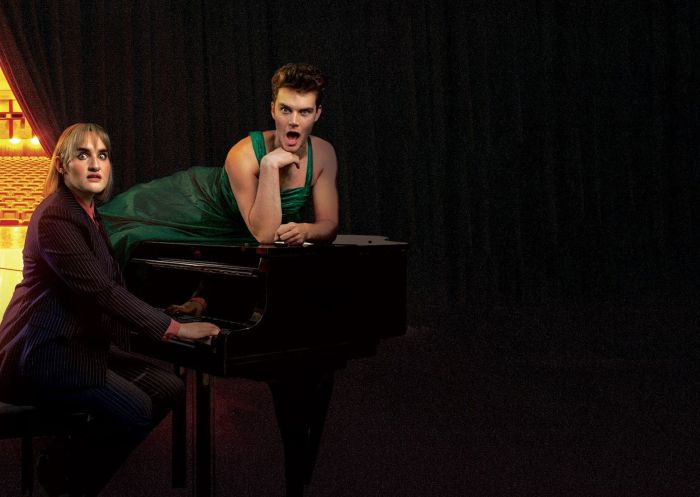 Actors on stage at Murder for Two, Elizabeth Bay