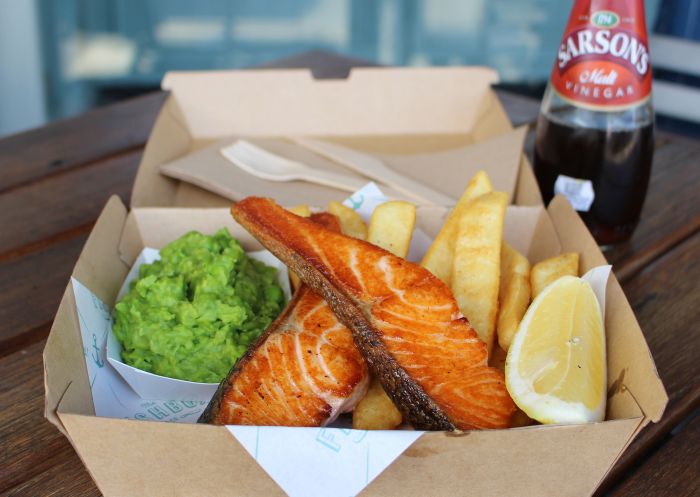 Grilled salmon and chips at The Fishbox & Co, Carss Park