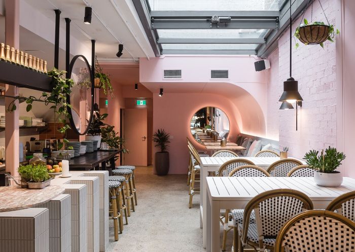 Pastel pink interior of the dining area at The Charleston, Glebe