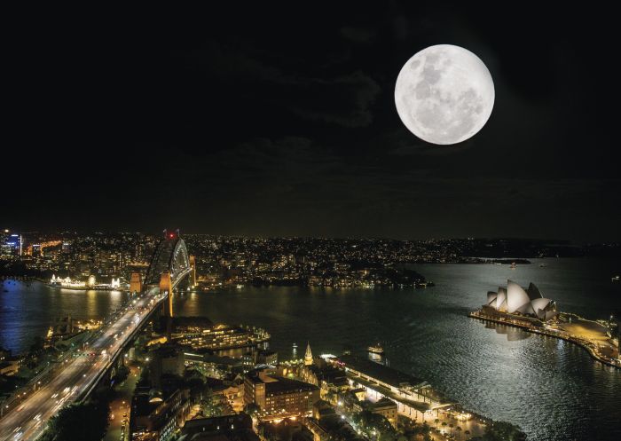 Aerial view with the supermoon in sky, Sydney Harbour at The Rocks, Sydney