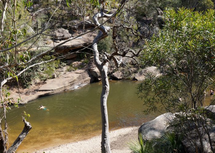 Man swimming at Scutts Hut and Kurrawonga Falls walk, Mount Kaputar National Park