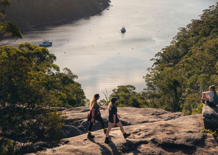 Friends enjoying the scenic views across America Bay and Cowan Creek from the America Bay Walking Track, Ku-ring-gai Chase National Park