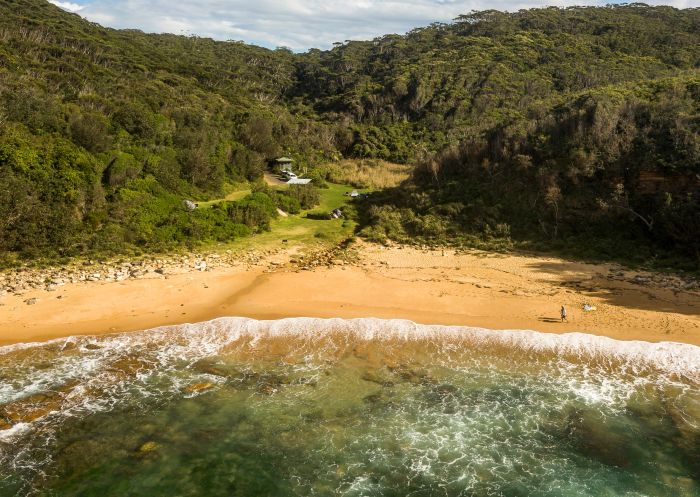 Aerial view of Little Beach campground, Bouddi National Park