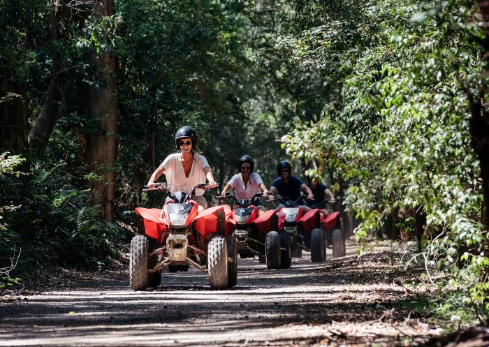 Friends enjoying a guided tour on quad bikes, Glenworth Valley