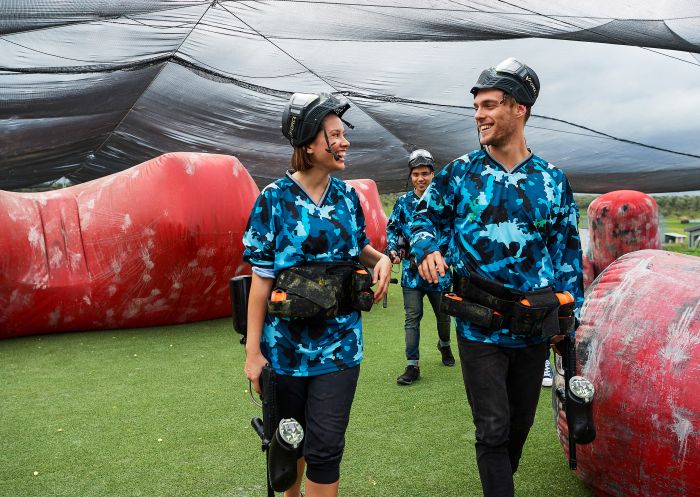 Couple enjoying a day of paintball with friends at Luddenham Raceway Paintball, Luddenham (south of Penrith)