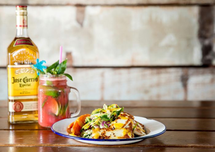 Halloumi salad with Agua fresca watermelon and tequila at Beach Burrito Co, Dee Why
