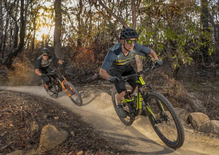 Two riders on the Mill Creek MTB Trail, Lucas Heights