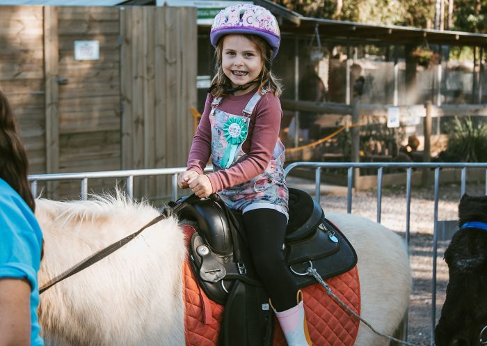 Girl riding pony at Golden Ridge Animal Farm, Dural