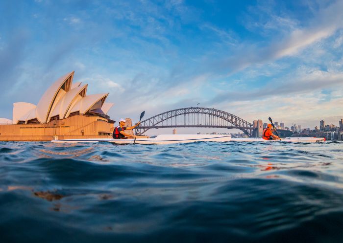 Men kayaking on Sydney Harbour in summer, Sydney