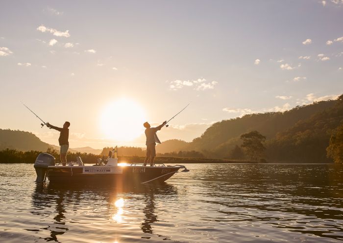Friends enjoying an afternoon of fishing on the Hawkesbury River, Wisemans Ferry
