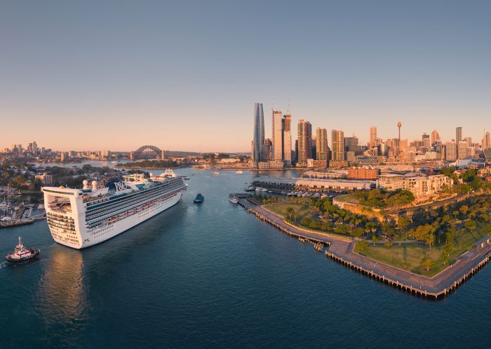 Aerial view of cruise ship arriving at White Bay Cruise Terminal, Sydney