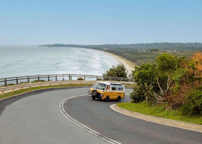 Campervan driving up to Cape Byron Lighthouse, Byron Bay