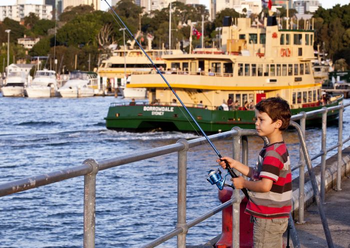 7 year old Elliott Banks is pictured fishing at Mort Bay Park, Balmain 