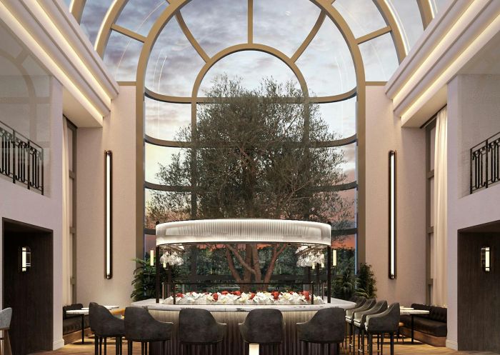 Sydney Common Restaurant and Bar, Sydney CBD - Credit: Spruce Pty Ltd Large dining room windows facing Hyde Park at Sydney Common Restaurant and Bar, Sydney CBD