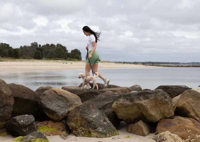 Woman walking her dog along the breakwall at Kurnell Dog Beach, Kurnell