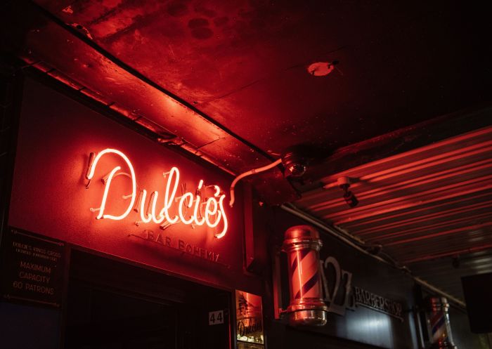 Neon signage at the entrance, Dulcie's Kings Cross, Potts Point