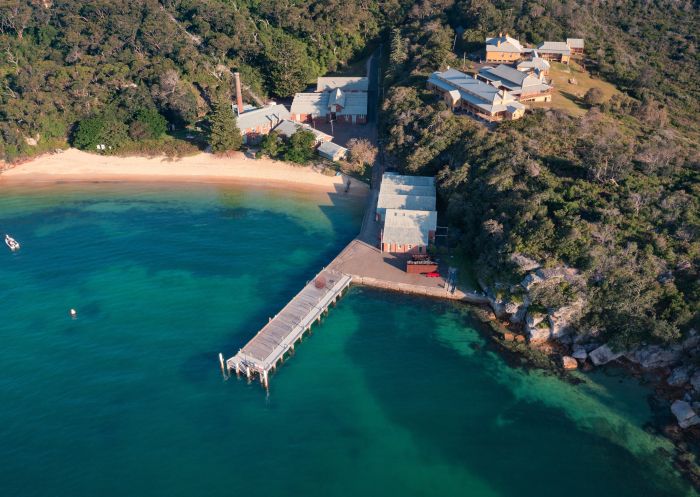 Aerial overlooking Quarantine Beach, Quarantine Station Wharf, Manly