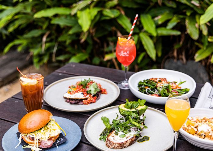 Breakfast food and drinks at Three Blue Ducks Cafe, Rosebery