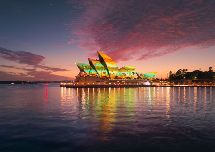 Sydney Opera House, Aboriginal artwork by artist James P. Simon, Dawn reflection Australia Day, Sydney