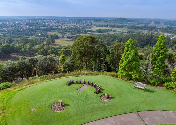 Aerial overlooking Sundial Hill, The Australian Botanic Garden, Mount Annan