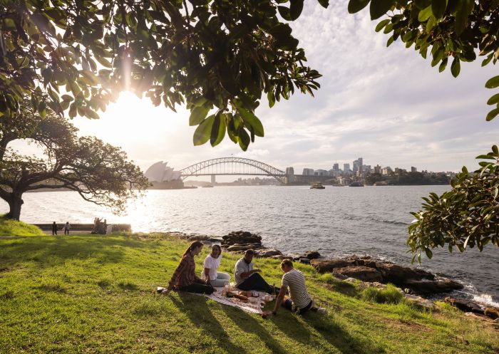 Friends enjoy a picnic, Royal Botanic Gardens, Mrs Macquarie's Chair