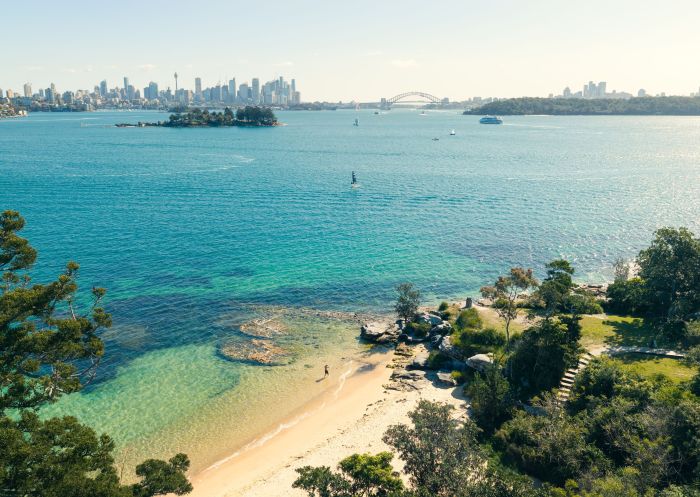 Aerial view of beach with harbour bridge, Milk Beach, Vaucluse