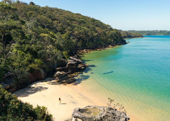 Aerial view of woman walking to beach, Castle Rock Beach, Sydney Harbour National Park