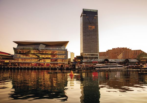 Sun setting over the International Convention Centre (ICC) and Sofitel Darling Harbour, Sydney