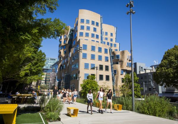 Students walking through The Goods Line - a pedestrian pathway and public space that connects Ultimo with Darling Harbour