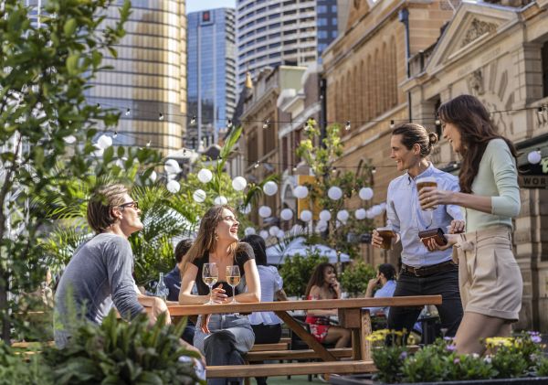 Outdoor dining seating areas, The Rocks Couples enjoying the outdoor dining seating areas in The Rocks, Sydney