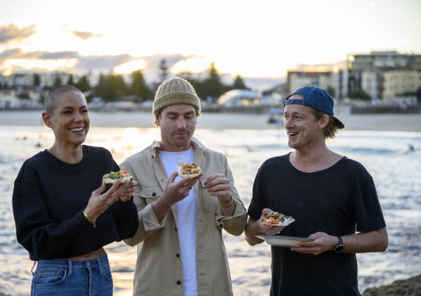 Hayden Quinn, Guy Turland and Leah embark tasting Two Ingredient Flatbreads, with grilled prawns in Bondi, Sydney East