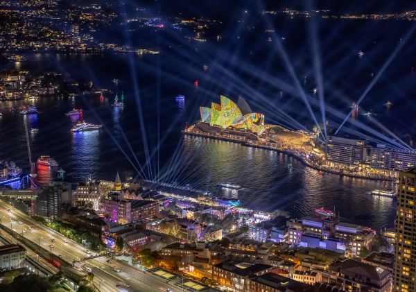 Views of Harbour lights from Barangaroo, Vivid Sydney 2022