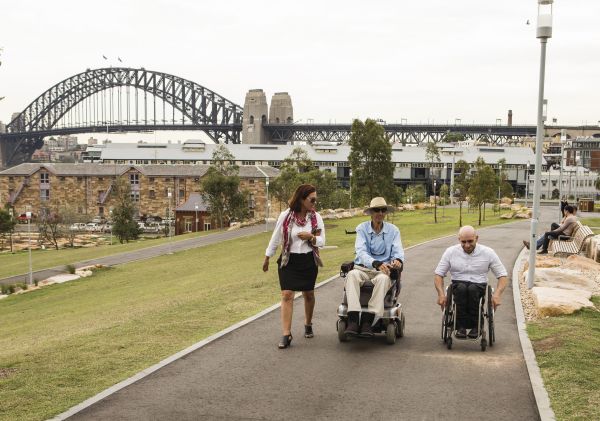 People in wheelchairs accessing Barangaroo Reserve, Barangarooo